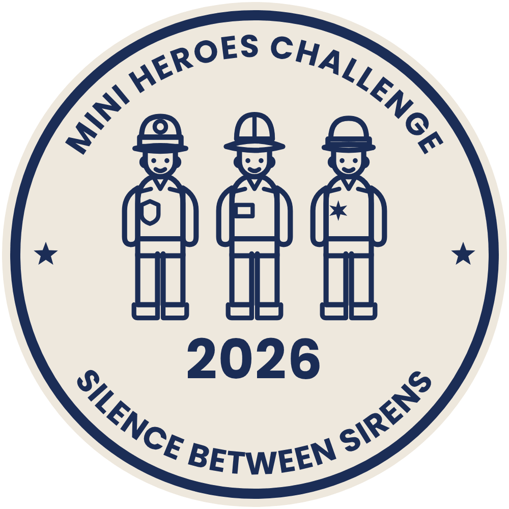 The Mini Heroes Challenge 2026 badge: three emergency service figures, Silence Between Sirens