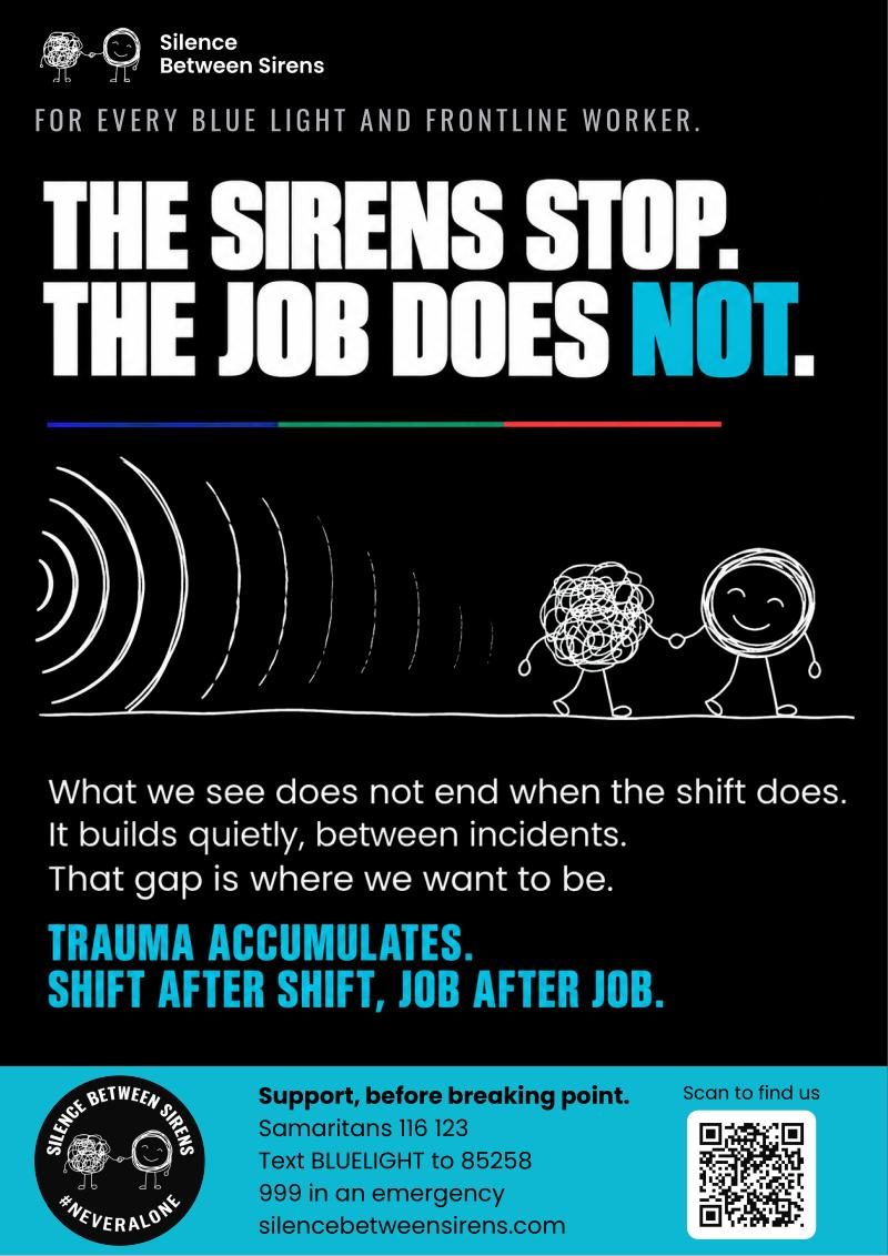 Poster reading The sirens stop. The job does not. Sound waves fade towards two figures walking away together, one tangled, one calm.