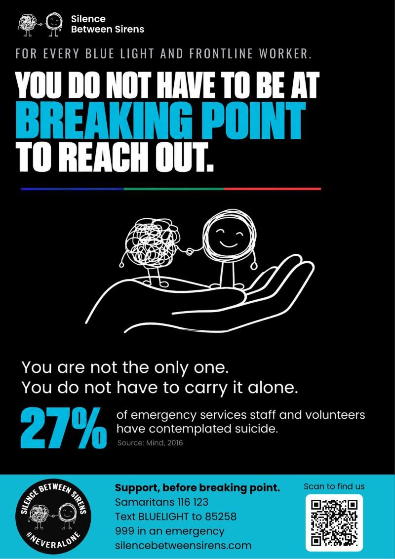 Poster reading You do not have to be at breaking point to reach out. Two small figures stand in an open hand.