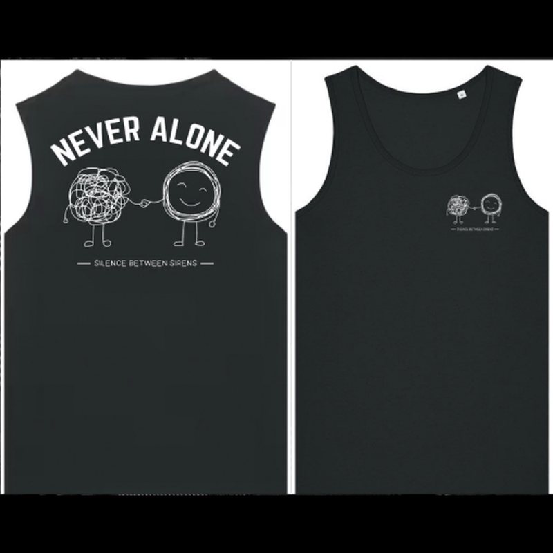 Front and back of the black Silence Between Sirens Never Alone workout vest