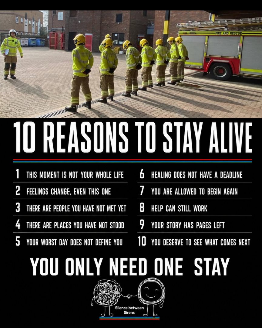 Firefighters on a station yard above a list headed 10 reasons to stay alive